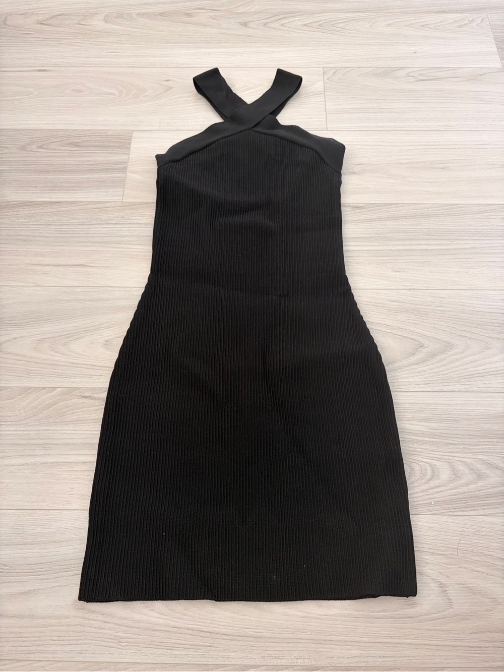 Babaton Black Ribbed Cross-Back Midi Dress